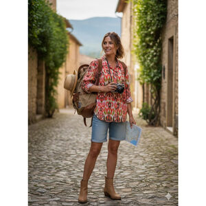 Jones New York Sport 100% Linen Ikat Button Down Shirt XL Pink Orange Boho